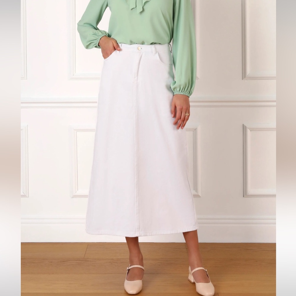 35 inch long denim White A-Line Midi Skirt size 38